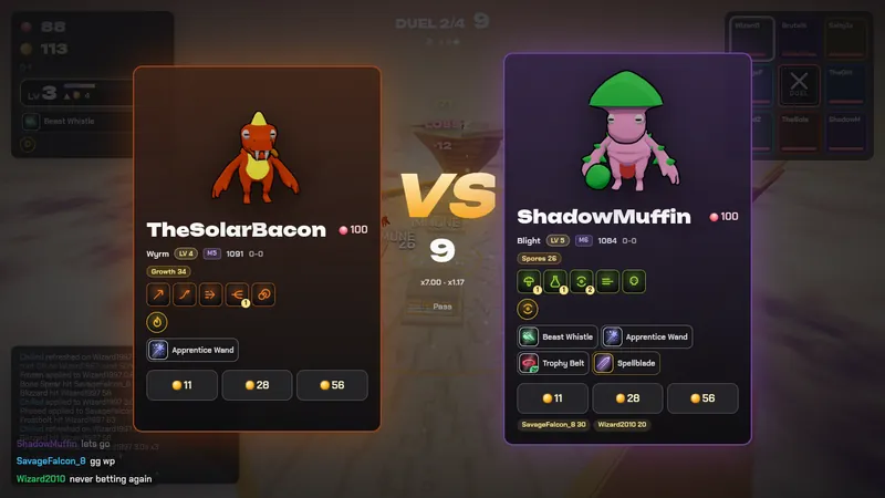 A duel starts: two heroes face off with the betting board above