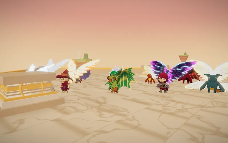 Heroes with cosmetic wings lined up on a floating island