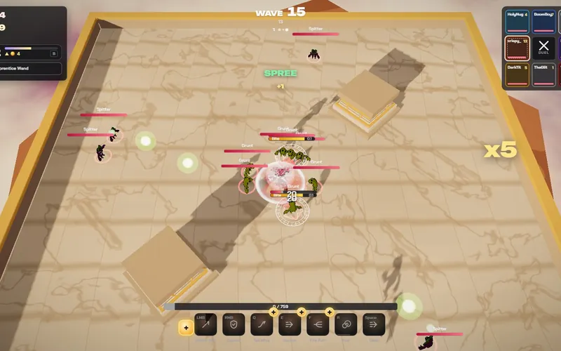 A hero fights off a creep wave on its own island