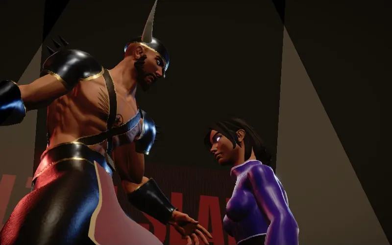 Two costumed fighters square up across the slap table