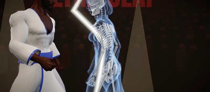 An x-ray finisher in ULTRA SLAP: lightning strikes a fighter and shows the skeleton inside
